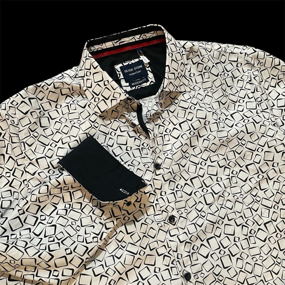 Silver Stone Collection‎ Mens Modern Fit Geometric Square Print Shirt LSWG-236 L